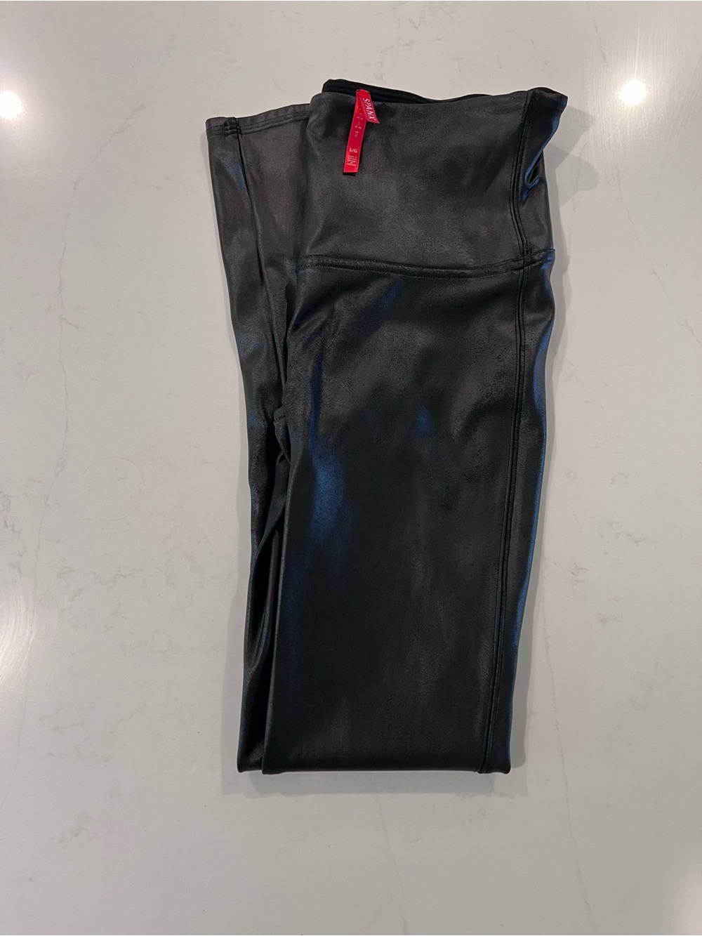 SPANX Black Faux Leather Leggings with Red Brand Tag